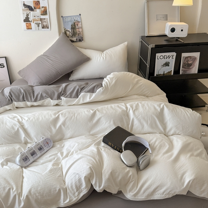 91家纺网 家纺一手货源 找家纺 桔禾家纺 2025新款ins风纯色水洗棉四件套双拼水洗棉学生三件套四件套 月白浅灰