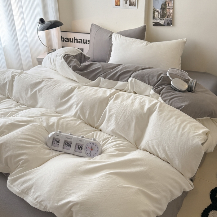 91家纺网 家纺一手货源 找家纺 桔禾家纺 2025新款ins风纯色水洗棉四件套双拼水洗棉学生三件套四件套 月白浅灰