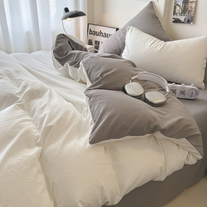 91家纺网 家纺一手货源 找家纺 桔禾家纺 2025新款ins风纯色水洗棉四件套双拼水洗棉学生三件套四件套 月白浅灰