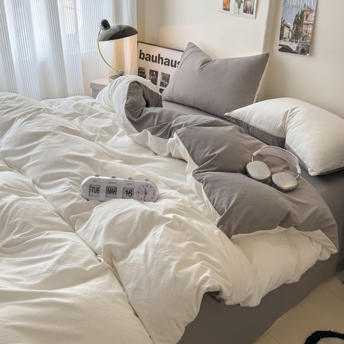 91家纺网 家纺一手货源 找家纺 桔禾家纺 2025新款ins风纯色水洗棉四件套双拼水洗棉学生三件套四件套 月白浅灰