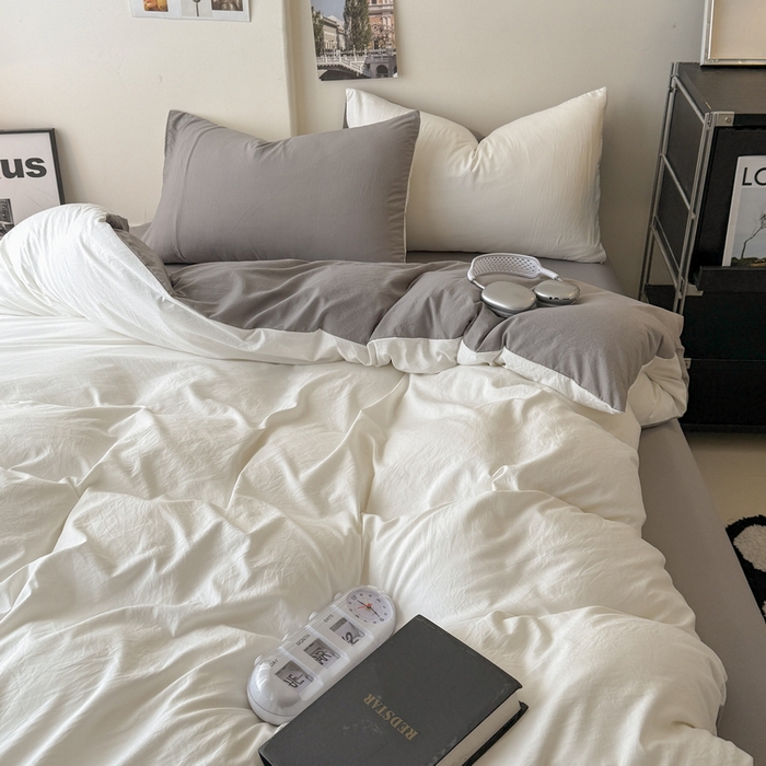 91家纺网 家纺一手货源 找家纺 桔禾家纺 2025新款ins风纯色水洗棉四件套双拼水洗棉学生三件套四件套 月白浅灰