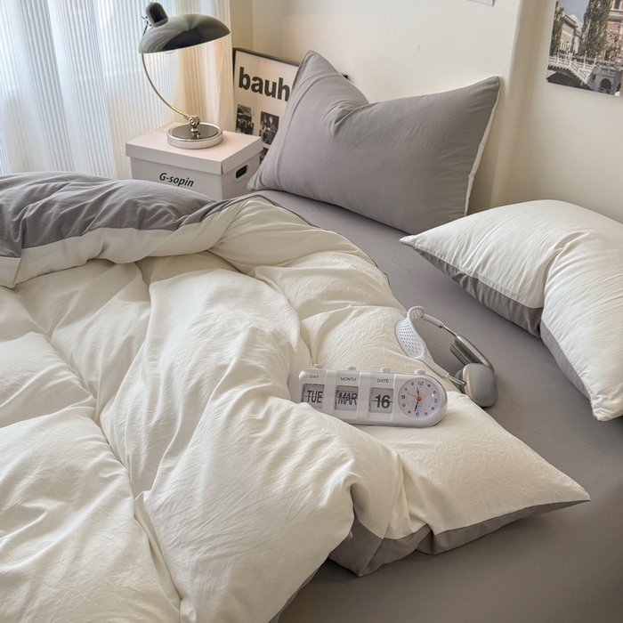 91家纺网 家纺一手货源 找家纺 桔禾家纺 2025新款ins风纯色水洗棉四件套双拼水洗棉学生三件套四件套 月白浅灰