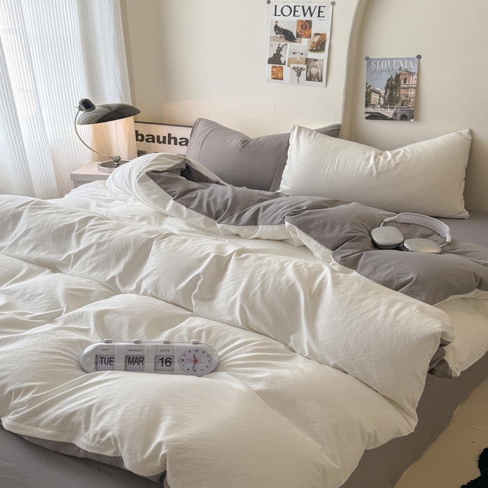 91家纺网 家纺一手货源 找家纺 桔禾家纺 2025新款ins风纯色水洗棉四件套双拼水洗棉学生三件套四件套 月白浅灰