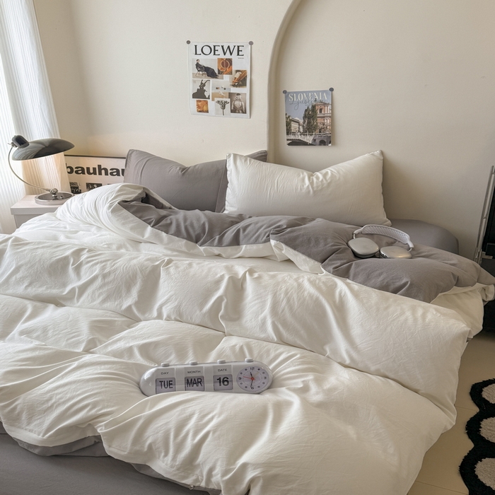 91家纺网 家纺一手货源 找家纺 桔禾家纺 2025新款ins风纯色水洗棉四件套双拼水洗棉学生三件套四件套 月白浅灰