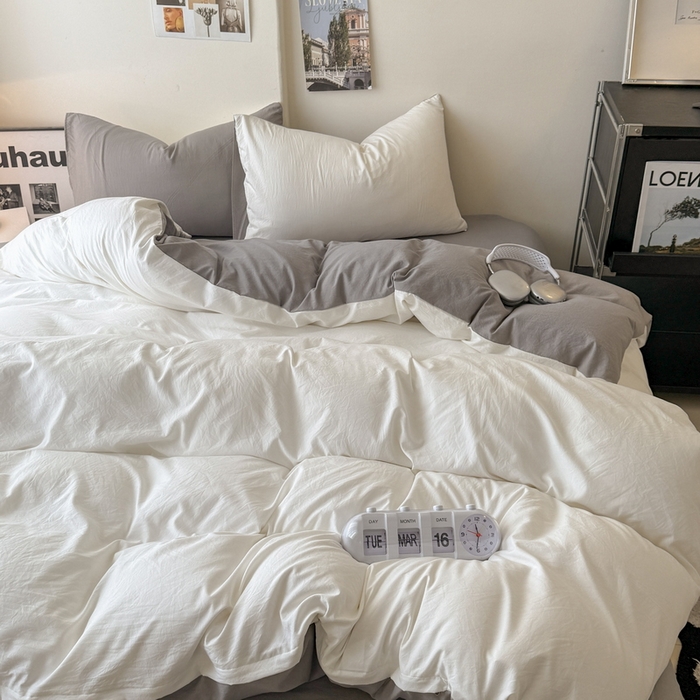 91家纺网 家纺一手货源 找家纺 桔禾家纺 2025新款ins风纯色水洗棉四件套双拼水洗棉学生三件套四件套 月白浅灰