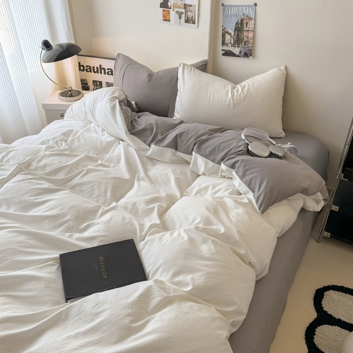 91家纺网 家纺一手货源 找家纺 桔禾家纺 2025新款ins风纯色水洗棉四件套双拼水洗棉学生三件套四件套 月白浅灰