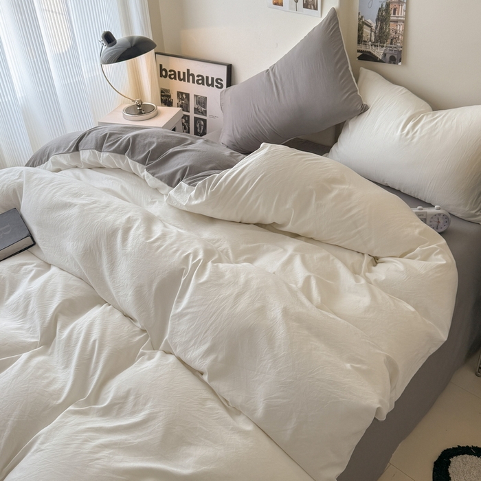 91家纺网 家纺一手货源 找家纺 桔禾家纺 2025新款ins风纯色水洗棉四件套双拼水洗棉学生三件套四件套 月白浅灰