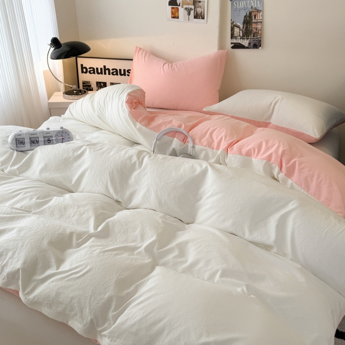 91家纺网 家纺一手货源 找家纺 桔禾家纺 2025新款ins风纯色水洗棉四件套双拼水洗棉学生三件套四件套 月白水粉