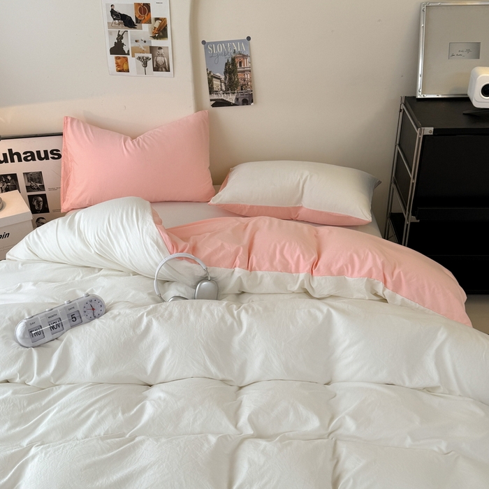 91家纺网 家纺一手货源 找家纺 桔禾家纺 2025新款ins风纯色水洗棉四件套双拼水洗棉学生三件套四件套 月白水粉