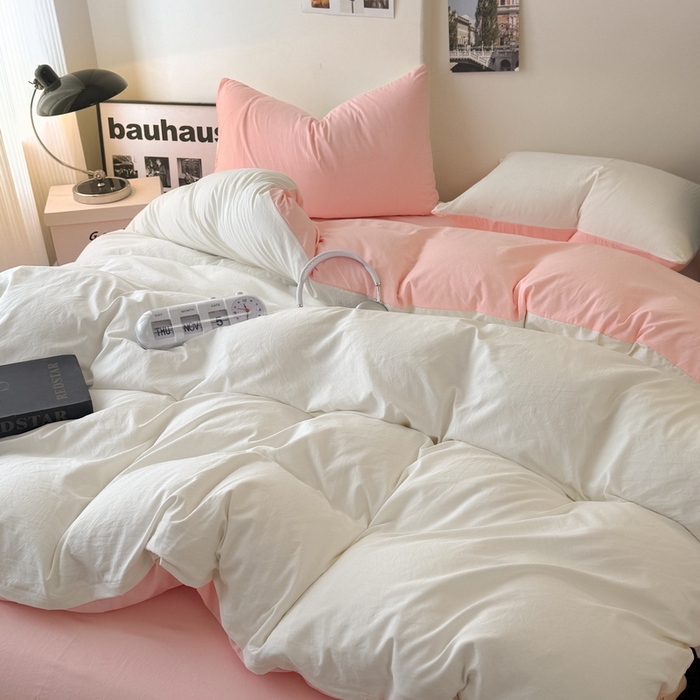 91家纺网 家纺一手货源 找家纺 桔禾家纺 2025新款ins风纯色水洗棉四件套双拼水洗棉学生三件套四件套 月白水粉