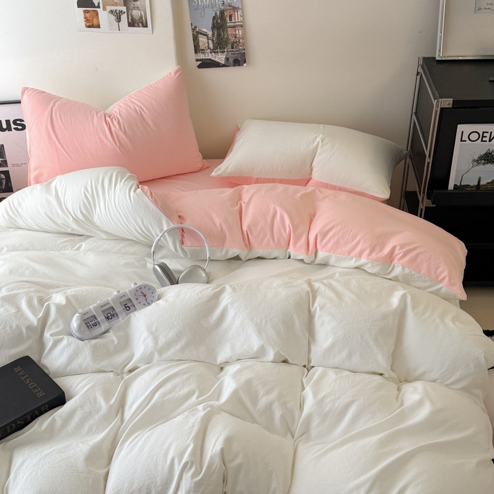 91家纺网 家纺一手货源 找家纺 桔禾家纺 2025新款ins风纯色水洗棉四件套双拼水洗棉学生三件套四件套 月白水粉