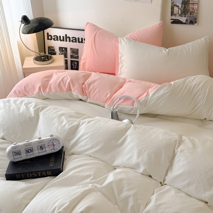 91家纺网 家纺一手货源 找家纺 桔禾家纺 2025新款ins风纯色水洗棉四件套双拼水洗棉学生三件套四件套 月白水粉