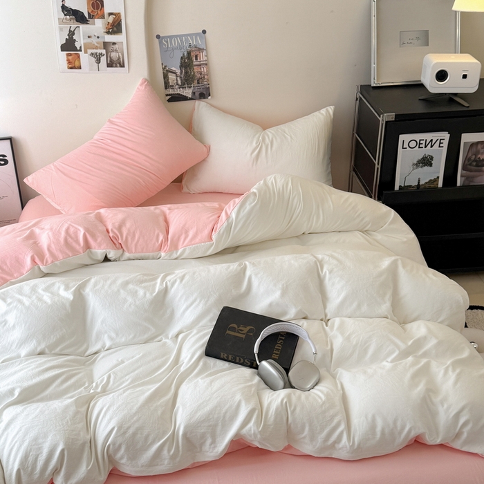 91家纺网 家纺一手货源 找家纺 桔禾家纺 2025新款ins风纯色水洗棉四件套双拼水洗棉学生三件套四件套 月白水粉