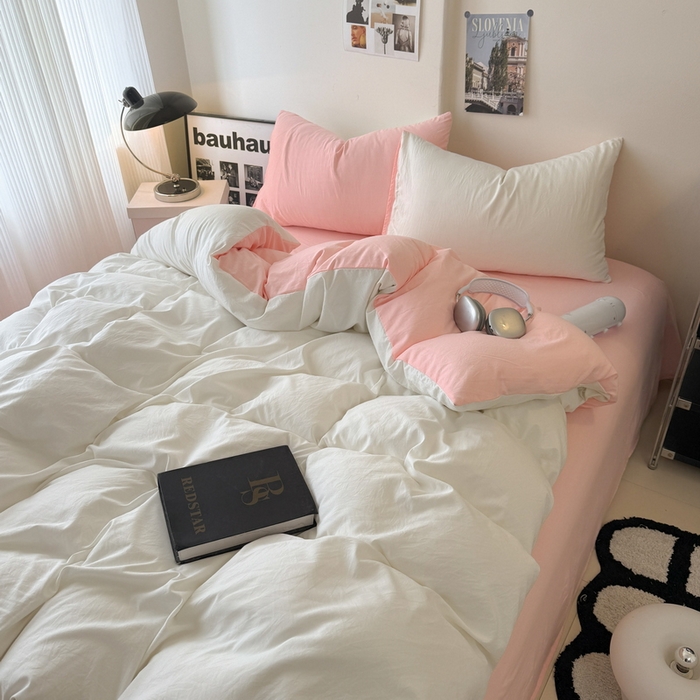 91家纺网 家纺一手货源 找家纺 桔禾家纺 2025新款ins风纯色水洗棉四件套双拼水洗棉学生三件套四件套 月白水粉