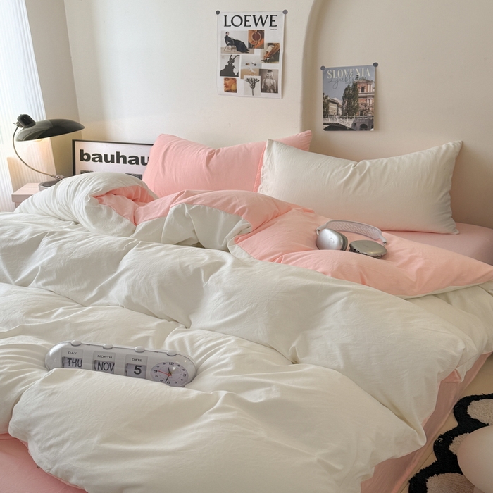 91家纺网 家纺一手货源 找家纺 桔禾家纺 2025新款ins风纯色水洗棉四件套双拼水洗棉学生三件套四件套 月白水粉