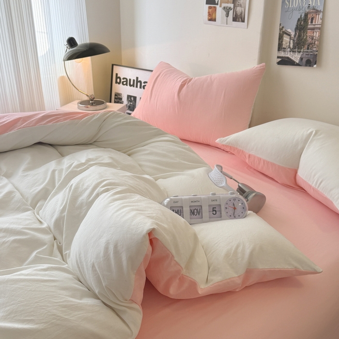 91家纺网 家纺一手货源 找家纺 桔禾家纺 2025新款ins风纯色水洗棉四件套双拼水洗棉学生三件套四件套 月白水粉