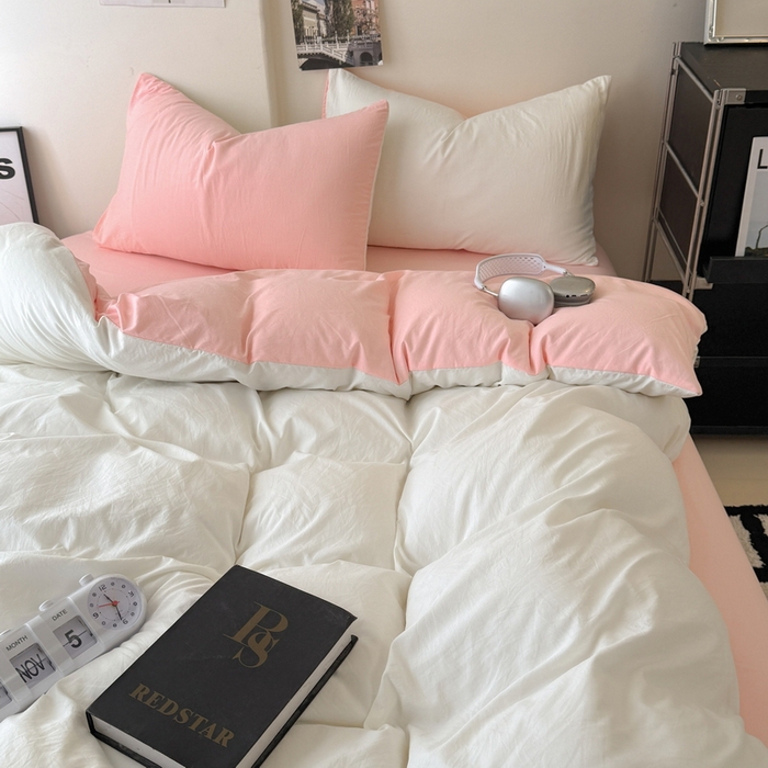 91家纺网 家纺一手货源 找家纺 桔禾家纺 2025新款ins风纯色水洗棉四件套双拼水洗棉学生三件套四件套 月白水粉