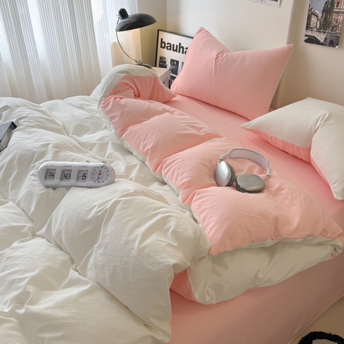 91家纺网 家纺一手货源 找家纺 桔禾家纺 2025新款ins风纯色水洗棉四件套双拼水洗棉学生三件套四件套 月白水粉