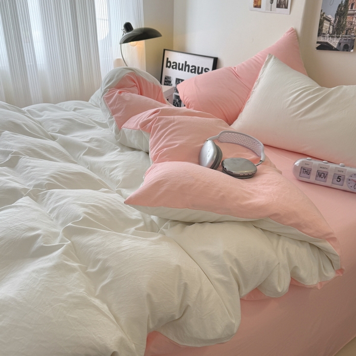 91家纺网 家纺一手货源 找家纺 桔禾家纺 2025新款ins风纯色水洗棉四件套双拼水洗棉学生三件套四件套 月白水粉