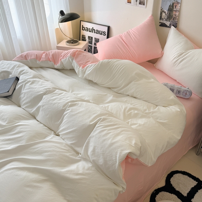 91家纺网 家纺一手货源 找家纺 桔禾家纺 2025新款ins风纯色水洗棉四件套双拼水洗棉学生三件套四件套 月白水粉