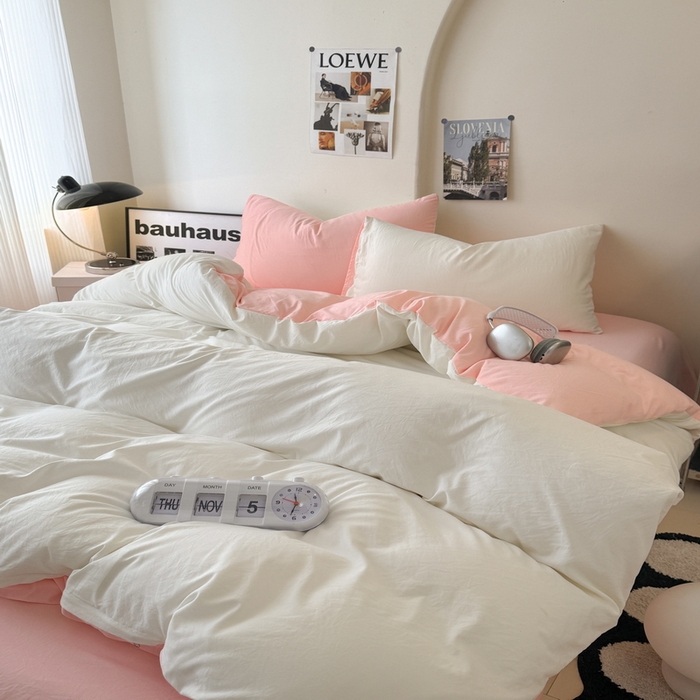 91家纺网 家纺一手货源 找家纺 桔禾家纺 2025新款ins风纯色水洗棉四件套双拼水洗棉学生三件套四件套 月白水粉