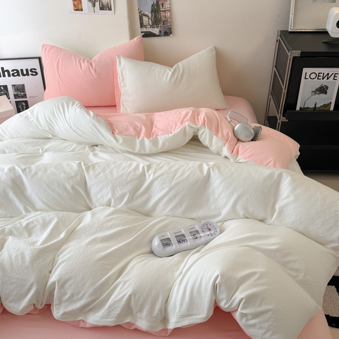 91家纺网 家纺一手货源 找家纺 桔禾家纺 2025新款ins风纯色水洗棉四件套双拼水洗棉学生三件套四件套 月白水粉