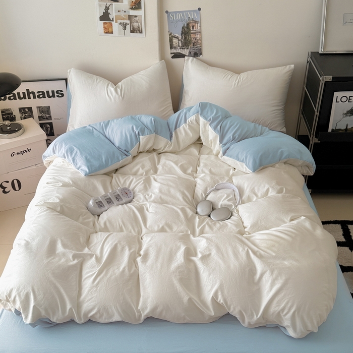 桔禾家纺 2025新款ins风纯色水洗棉四件套双拼水洗棉学生三件套四件套 月白天空蓝