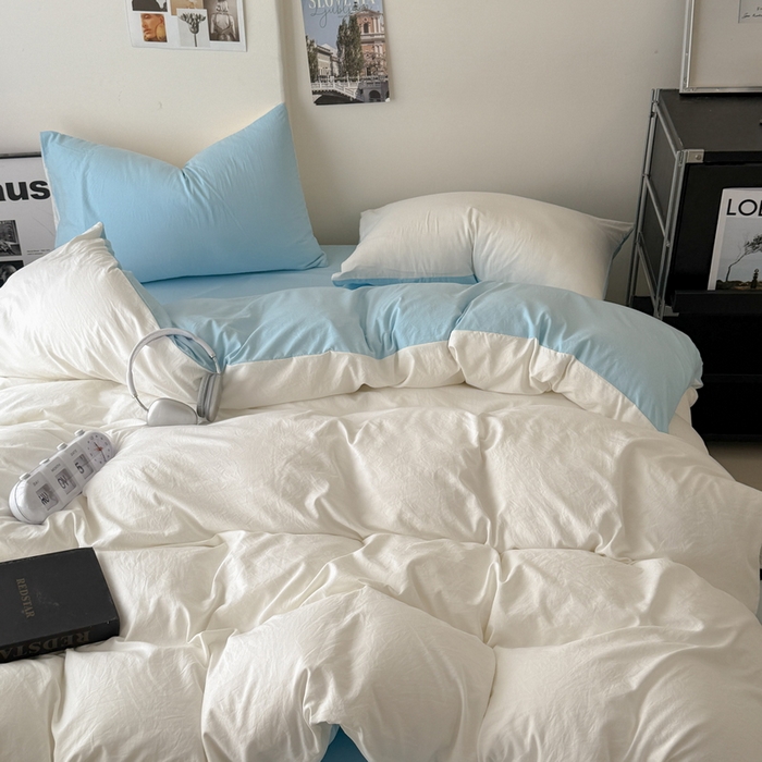 91家纺网 家纺一手货源 找家纺 桔禾家纺 2025新款ins风纯色水洗棉四件套双拼水洗棉学生三件套四件套 月白天空蓝