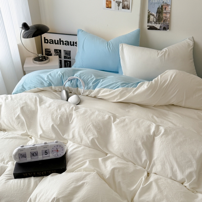 91家纺网 家纺一手货源 找家纺 桔禾家纺 2025新款ins风纯色水洗棉四件套双拼水洗棉学生三件套四件套 月白天空蓝