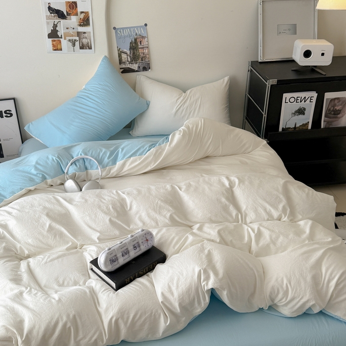 91家纺网 家纺一手货源 找家纺 桔禾家纺 2025新款ins风纯色水洗棉四件套双拼水洗棉学生三件套四件套 月白天空蓝