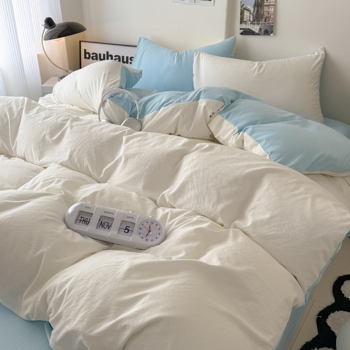 91家纺网 家纺一手货源 找家纺 桔禾家纺 2025新款ins风纯色水洗棉四件套双拼水洗棉学生三件套四件套 月白天空蓝