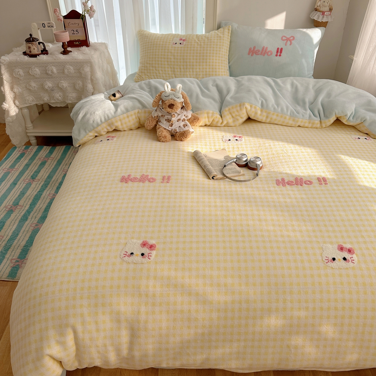 91家纺网 家纺一手货源 找家纺 （总）韩都家居 2025新款ins毛巾绣猫咪系列加厚牛奶绒四件套