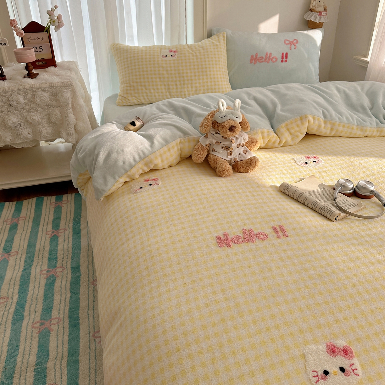 91家纺网 家纺一手货源 找家纺 （总）韩都家居 2025新款ins毛巾绣猫咪系列加厚牛奶绒四件套