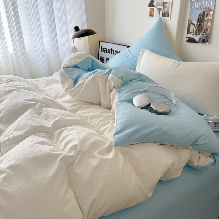 91家纺网 家纺一手货源 找家纺 桔禾家纺 2025新款ins风纯色水洗棉四件套双拼水洗棉学生三件套四件套 月白天空蓝