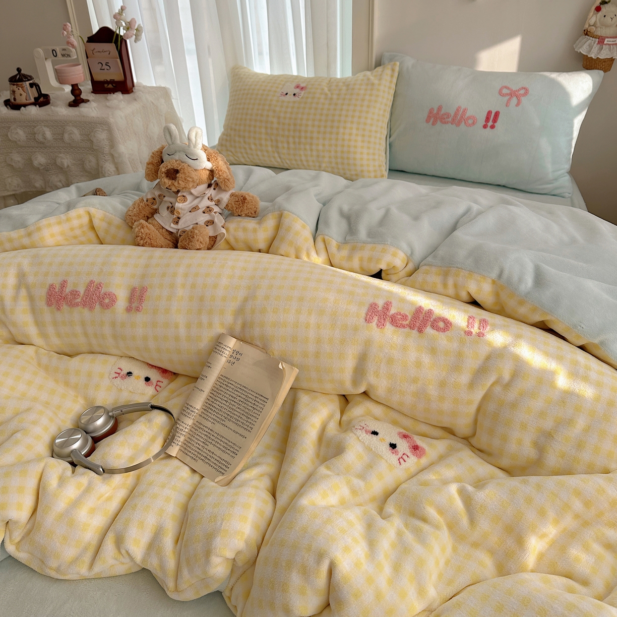 韩都家居 2025新款ins毛巾绣猫咪系列加厚牛奶绒四件套 哈喽猫咪