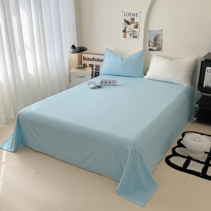 91家纺网 家纺一手货源 找家纺 桔禾家纺 2025新款ins风纯色水洗棉四件套双拼水洗棉学生三件套四件套 月白天空蓝