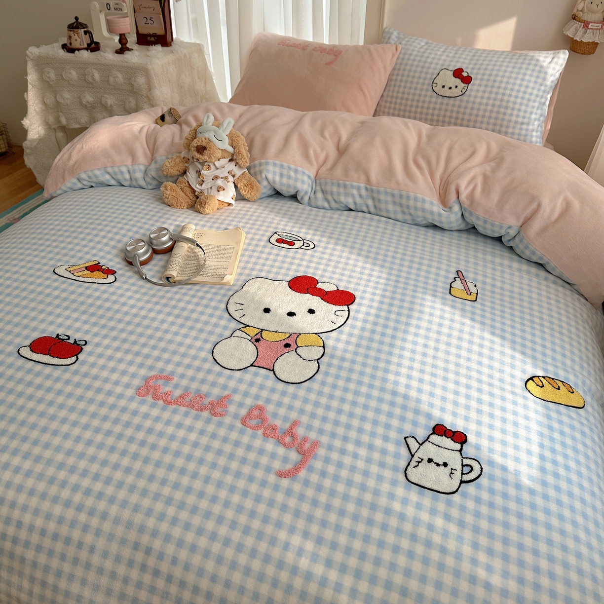 91家纺网 家纺一手货源 找家纺 韩都家居 2025新款ins毛巾绣猫咪系列加厚牛奶绒四件套 贪吃的猫