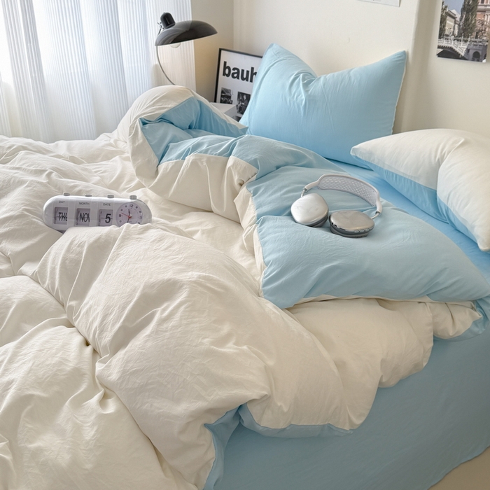 91家纺网 家纺一手货源 找家纺 桔禾家纺 2025新款ins风纯色水洗棉四件套双拼水洗棉学生三件套四件套 月白天空蓝