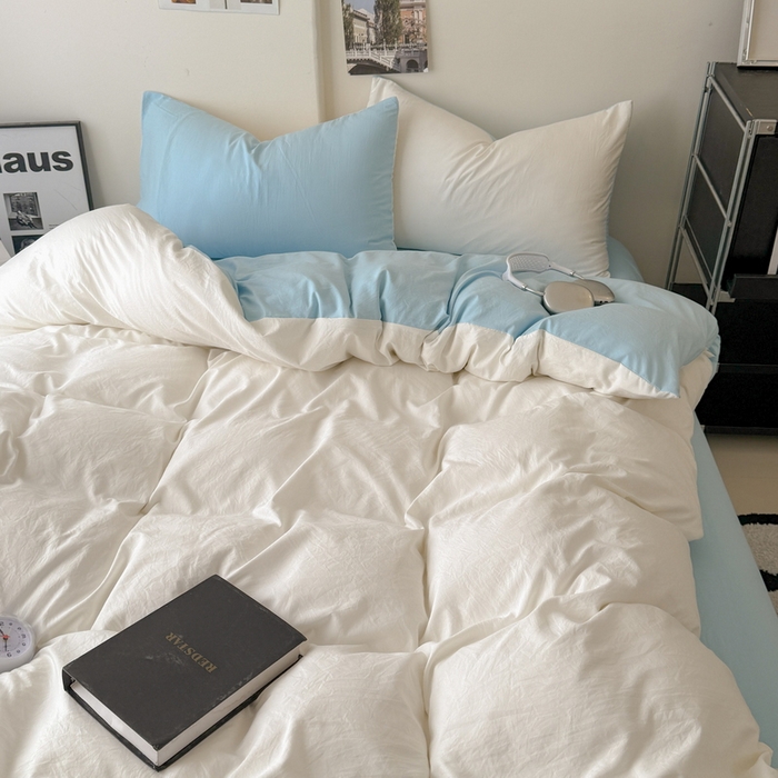 91家纺网 家纺一手货源 找家纺 桔禾家纺 2025新款ins风纯色水洗棉四件套双拼水洗棉学生三件套四件套 月白天空蓝