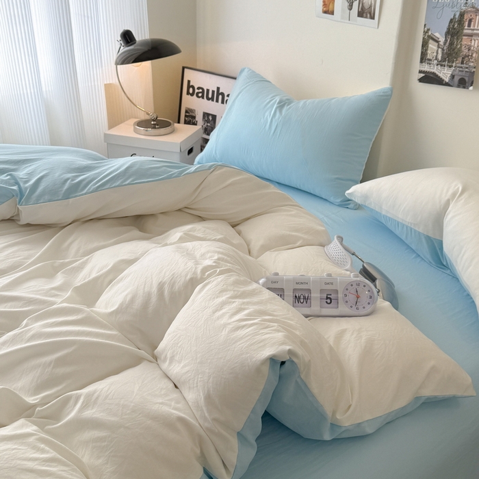 91家纺网 家纺一手货源 找家纺 桔禾家纺 2025新款ins风纯色水洗棉四件套双拼水洗棉学生三件套四件套 月白天空蓝