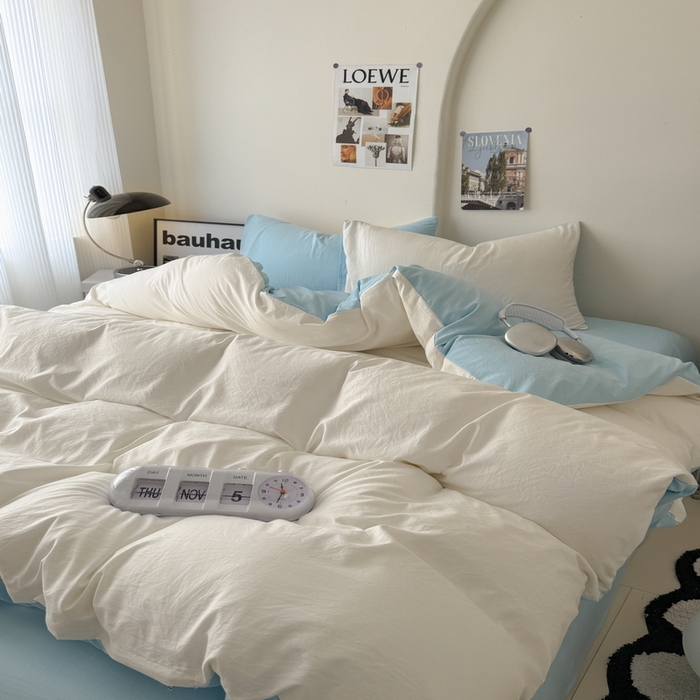 91家纺网 家纺一手货源 找家纺 桔禾家纺 2025新款ins风纯色水洗棉四件套双拼水洗棉学生三件套四件套 月白天空蓝