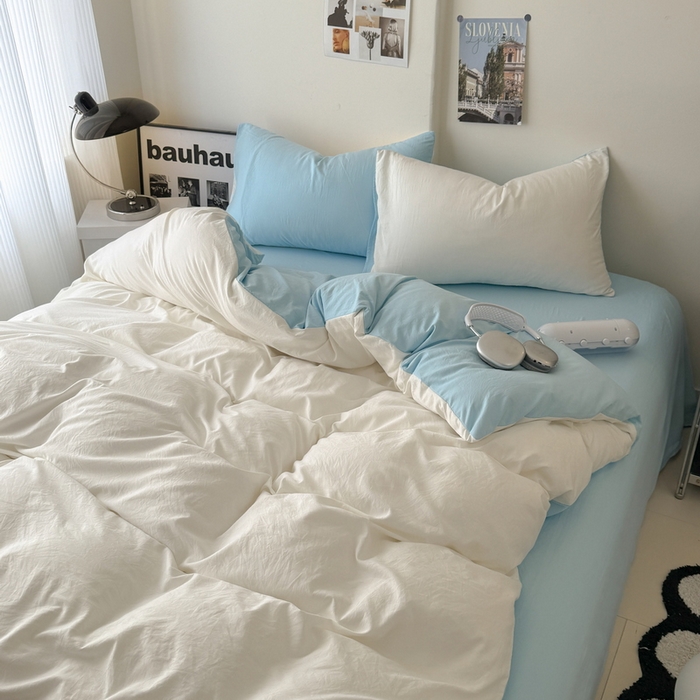 91家纺网 家纺一手货源 找家纺 桔禾家纺 2025新款ins风纯色水洗棉四件套双拼水洗棉学生三件套四件套 月白天空蓝