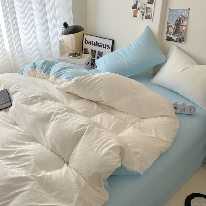 91家纺网 家纺一手货源 找家纺 桔禾家纺 2025新款ins风纯色水洗棉四件套双拼水洗棉学生三件套四件套 月白天空蓝