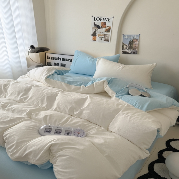 91家纺网 家纺一手货源 找家纺 桔禾家纺 2025新款ins风纯色水洗棉四件套双拼水洗棉学生三件套四件套 月白天空蓝