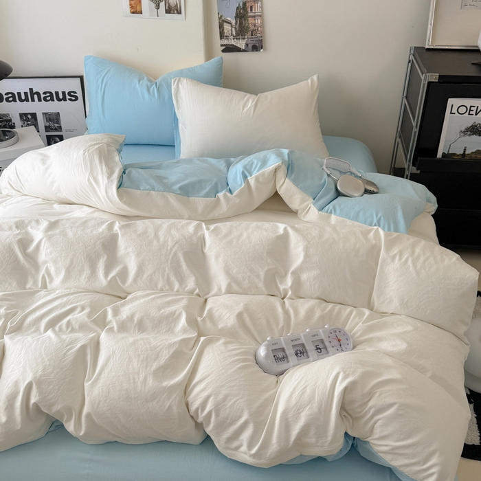 91家纺网 家纺一手货源 找家纺 桔禾家纺 2025新款ins风纯色水洗棉四件套双拼水洗棉学生三件套四件套 月白天空蓝