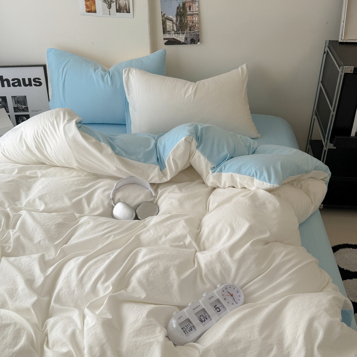 91家纺网 家纺一手货源 找家纺 桔禾家纺 2025新款ins风纯色水洗棉四件套双拼水洗棉学生三件套四件套 月白天空蓝