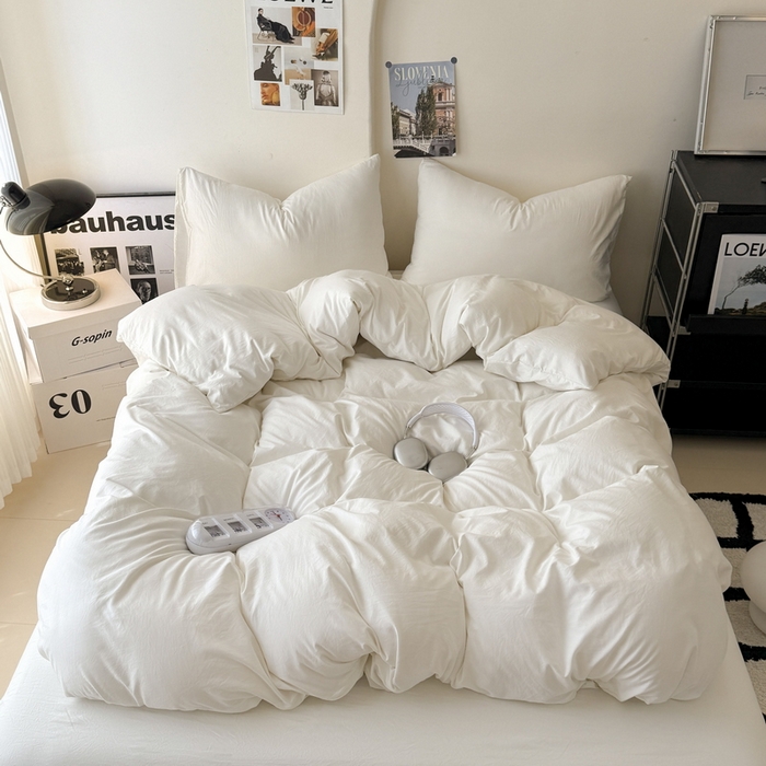 桔禾家纺 2025新款ins风纯色水洗棉四件套双拼水洗棉学生三件套四件套 月光白