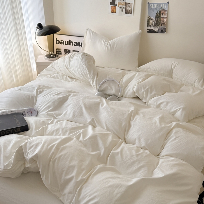 91家纺网 家纺一手货源 找家纺 桔禾家纺 2025新款ins风纯色水洗棉四件套双拼水洗棉学生三件套四件套 月光白