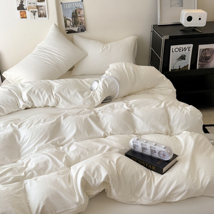 91家纺网 家纺一手货源 找家纺 桔禾家纺 2025新款ins风纯色水洗棉四件套双拼水洗棉学生三件套四件套 月光白