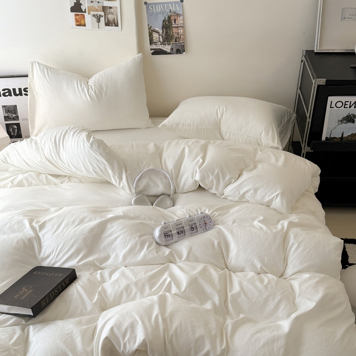 91家纺网 家纺一手货源 找家纺 桔禾家纺 2025新款ins风纯色水洗棉四件套双拼水洗棉学生三件套四件套 月光白